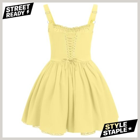 Spaghetti Strap Corset Dress Backless Mini Sundress Floral Lace Ruffle - Picture 2 of 7